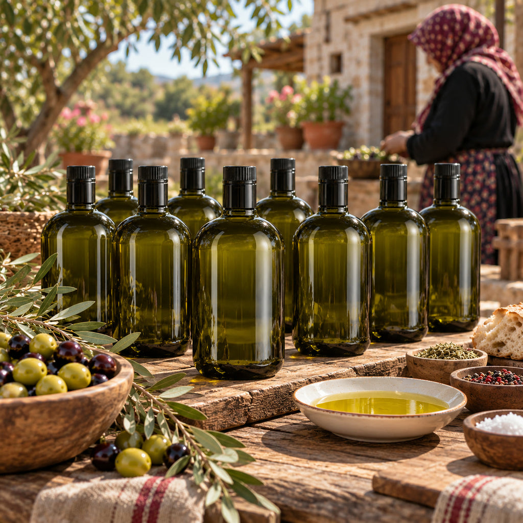 Zeytin ve ekmekle kurulmuş sofrada 750 ml zeytinyağı şişeleri